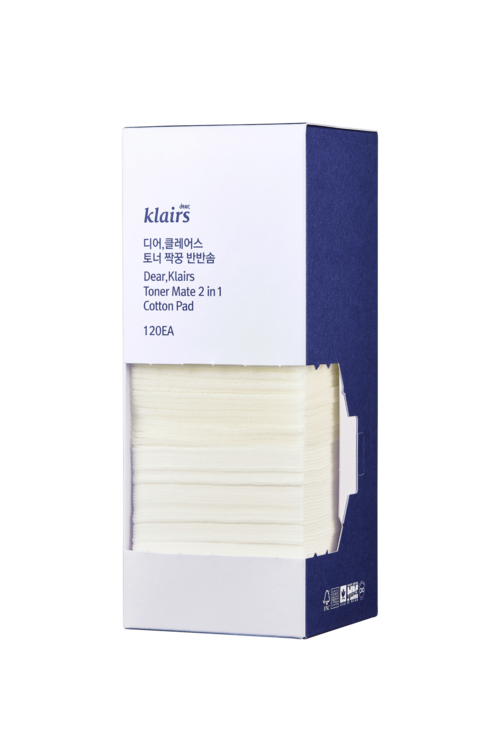 A box of 120 cotton pads labeled Klairs toner 2 in 1, showing the product inside through a clear window.