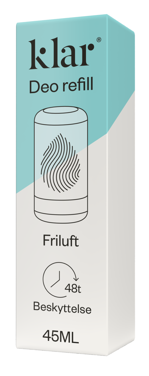 En eske med deodorantfylling med et fingeravtrykkikon, 'Friluft' skrevet, og 48-timers beskyttelse nevnt.