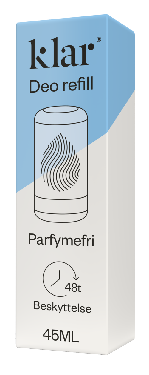 Klar deodorant refillboks med fingeravtrykk, 48 timers beskyttelse og 45ml størrelse.