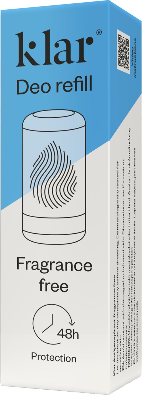 En blå og hvit eske for Klar deodorantfylling, sier duftfri, beskytter i 48 timer.