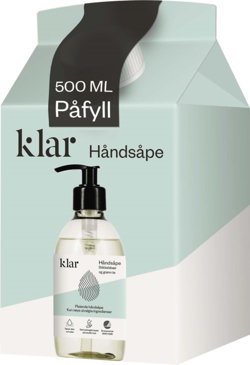 En håndsåpe fra Klar i en 500 ml pumpeflaske, med hovedsak i hvit og lyseblå farger.