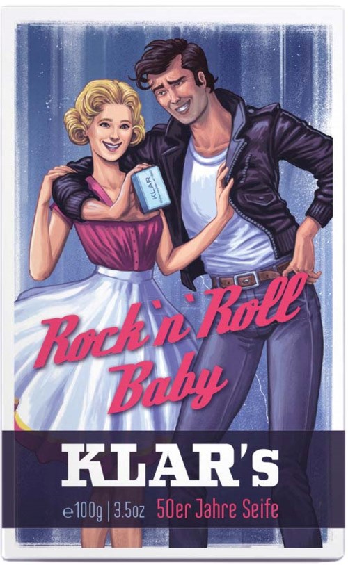 Ilustracja w stylu kreskówki przedstawiająca uśmiechniętą kobietę i mężczyznę, ubrani w vintage, z logo 'Rock 'n Roll Baby' po angielsku.