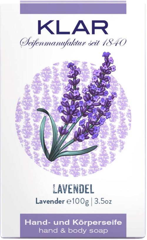 Pudełko mydła do rąk i ciała z ilustracją lawendy i tekstem po niemiecku.