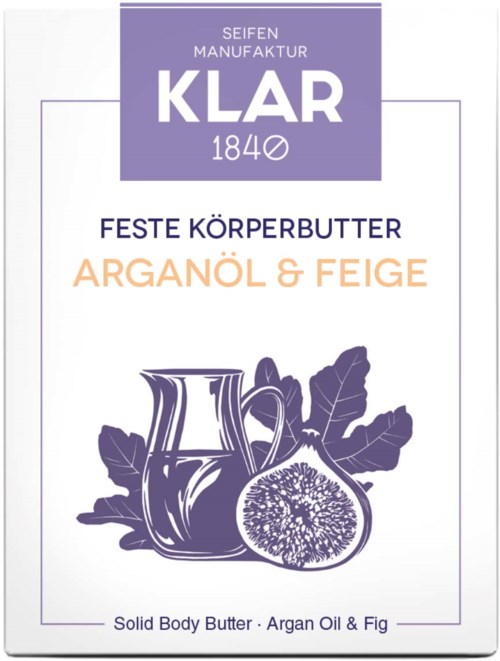 Förpackning med fast kroppssmörj med arganolja och fikon, visar en burk, blad och ett fikon.