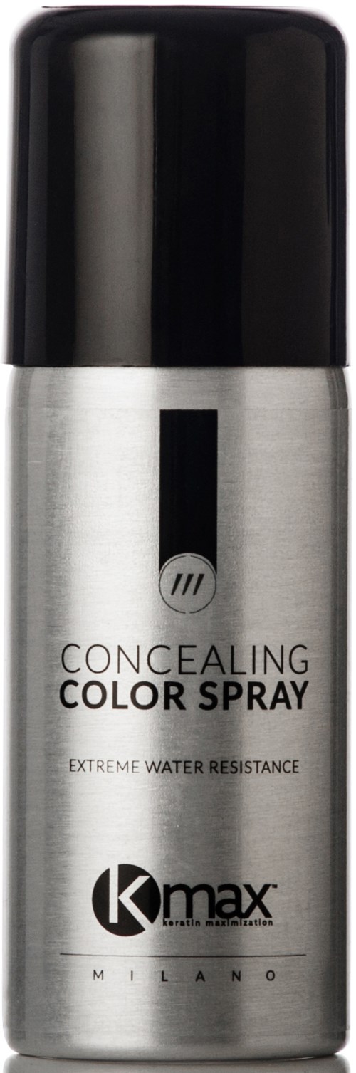 En silver- och svartburk med concealerfärg spray, extremt vattentålig av Kmax Milano.
