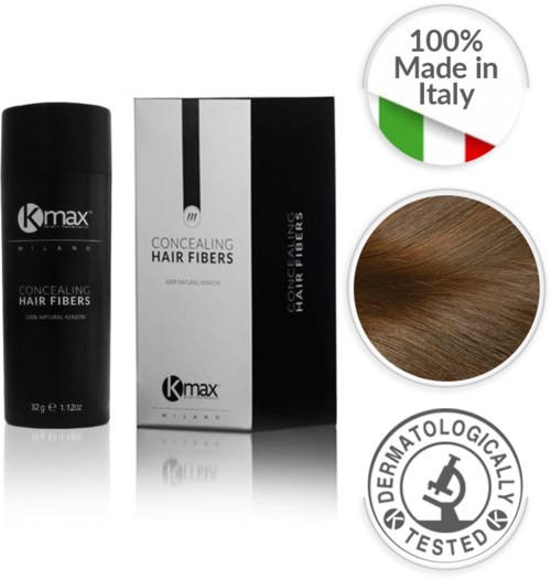 En svart flaska och förpackning av hårfibrer, med en cirkel som visar brunt hår, och etiketter som anger Italien, dermatologiskt testad, och döljer.