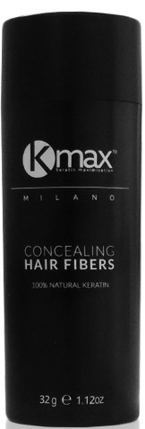 En svart flaska med Kmax Milanoo-äckande hårfiber, gjort av 100 % naturligt keratin, väger 32 gram.