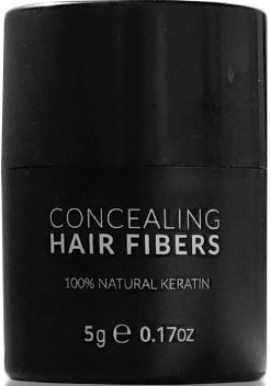 En svart burk märkt 'Concealing Hair Fibers' med naturligt keratin, väger 5 gram. Enkel design.