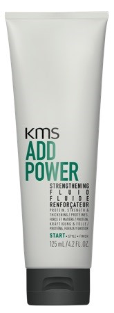 Valkoinen tiivis korkkikäsitelty putkilö, merkinnällä KMS Add Power, vahvistaa hiuksia, sisältää 125 ml nestettä. Logo ja tuotekuvat.