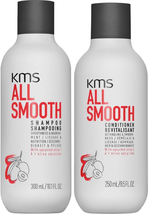 Zwei Flaschen KMS All Smooth Shampoo und Conditioner mit rotem Logo und Olivenzeichnung.