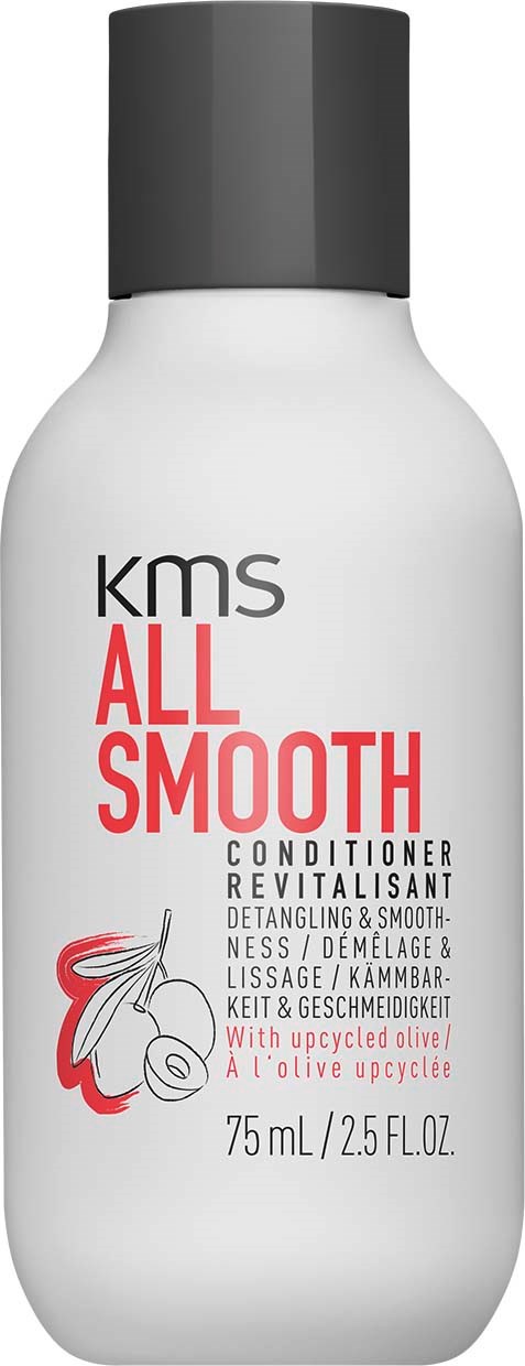 A white bottle of KMS All Smooth conditioner with a black cap and red, black, and gray text.