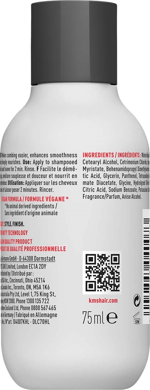 A white bottle with a gray cap, containing hair care product, labeled with ingredients and a QR code, 75 ml size.