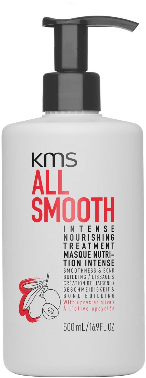 Eine weiße Flasche mit schwarzem Pumpkopf, beschriftet 'KMS All Smooth', enthält nährende Behandlung für Haare, 500 ml.