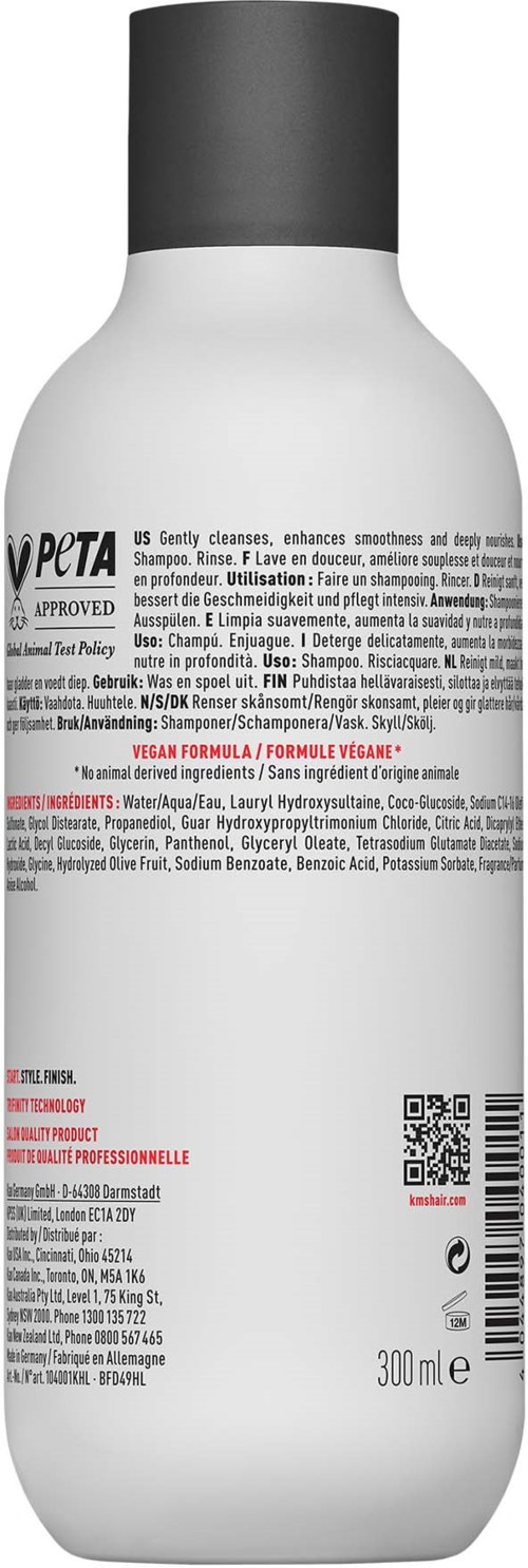 Biała butelka z czarną nakrętką, zatwierdzona przez PETA, zawiera 300 ml produktu, możliwe szampon.