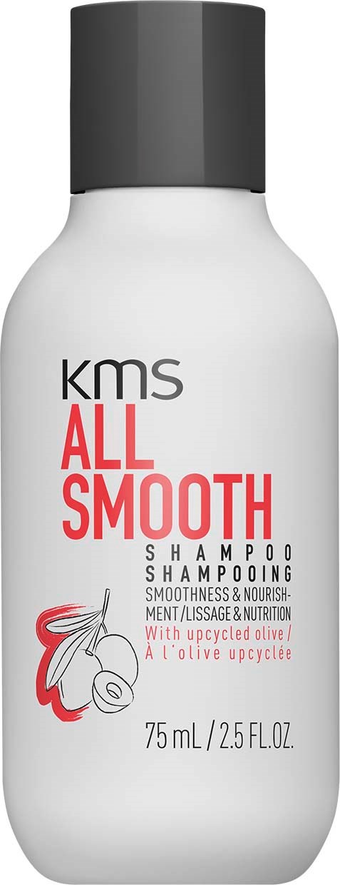 Biała butelka szamponu z czarną nakrętką, oznaczona "KMS All Smooth" z czerwonym i czarnym tekstem i małą ilustracją oliwki.