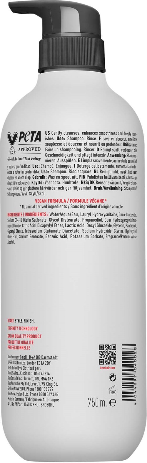 Biała butelka z czarnym pompkem, zawiera szampon dla zwierząt. Ma tekst i logo, pojemność 750 ml.