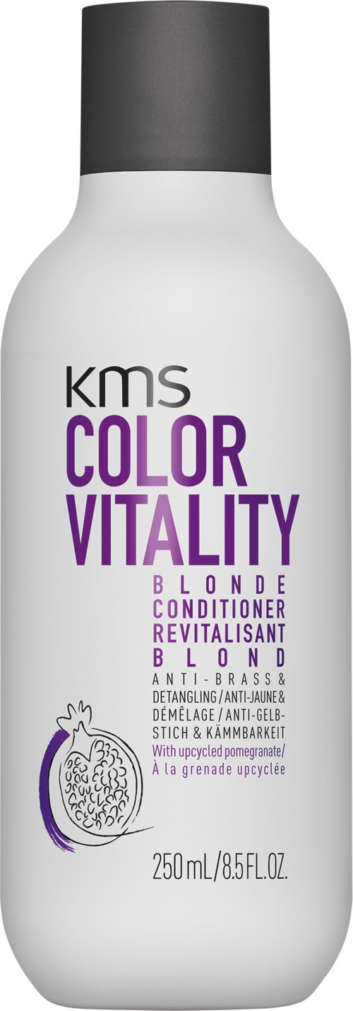 Eine weiße Flasche mit schwarzem Deckel, beschriftet mit "KMS Color Vitality Blonde Conditioner," enthält lilafaren Text und ein Granatapfelbild.