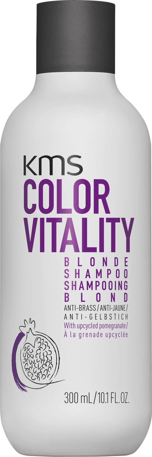 A white bottle with black cap. It says KMS Color Vitality Blonde Shampoo with a pomegranate illustration.