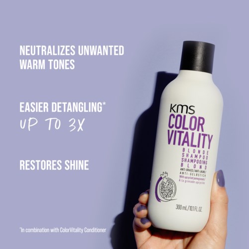 Label for KMS Color Vitality Blonde Shampoo, highlighting its effects to neutralize warm tones, detangle, and restore shine.