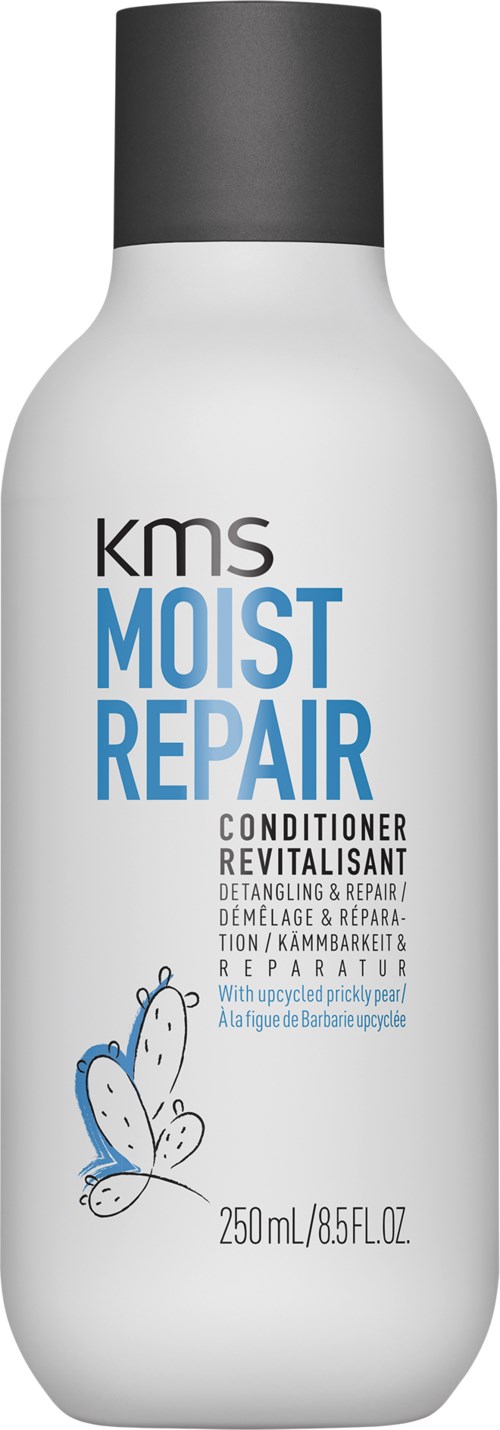 En vit flaska med svart lock märkt 'KMS Moist Repair Conditioner' för hårreparation och fukt, har en fjärilsillustration.