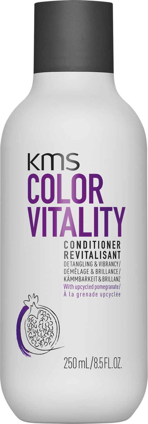 Eine weiße Flasche KMS Color Vitality Conditioner mit lila und schwarzem Text und einer Granatapfelzeichnung.