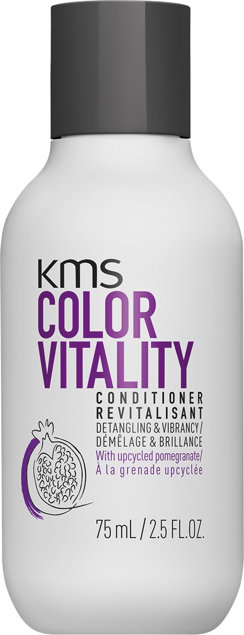 Eine weiße Flasche KMS Color Vitality Conditioner mit schwarzem Deckel, lila und schwarzer Schrift, und eine kleine Illustration eines Granatapfels.