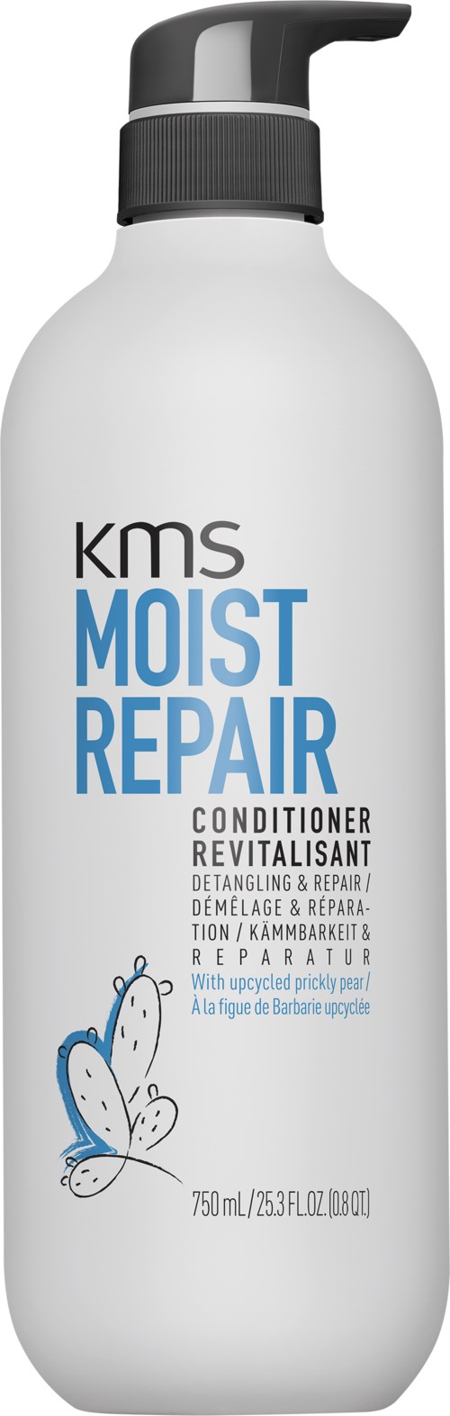 En vit flaska med pump, märkt 'KMS Moist Repair Conditioner,' med en fjärilsillustration.