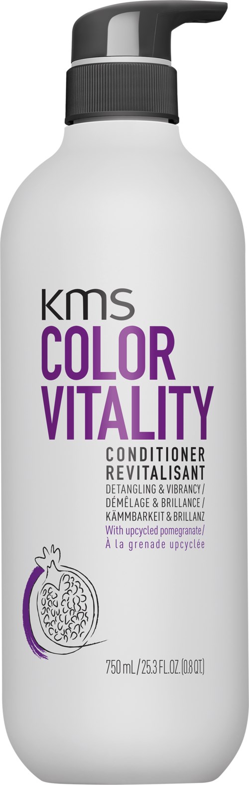 Eine weiße Flasche mit schwarzem Pumpen, gekennzeichnet KMS Color Vitality Conditioner, mit lila und schwarzem Text und einem Granatapfelbild.