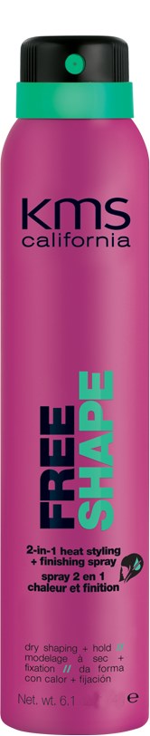 En rosa sprayflaska med teal och svart del, märkt 'KMS California Free Shape', avsedd för hårstyling.