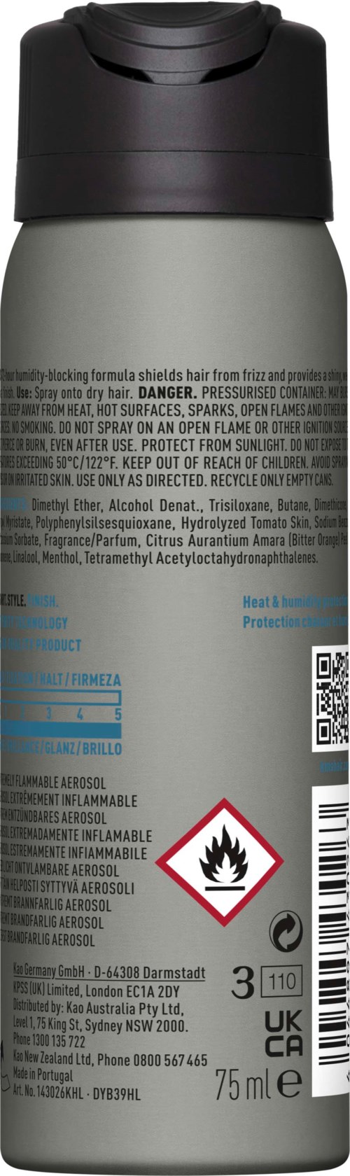 Een grijze spuitbus met een zwarte dop, waarschuwingssymbolen, barcode en verschillende etiketten.