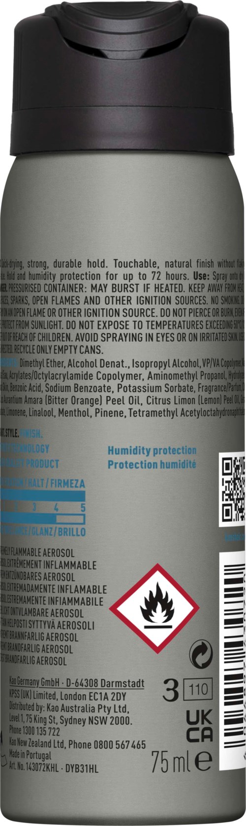 Eine graue Deodorant- oder Spraydose mit schwarzem Deckel, Warnsymbolen, Barcode und Textdetails.
