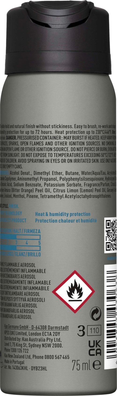 Eine graue Aerosolsprühdose mit schwarzem Deckel, Warnsymbole, Barcode und blauer Schrift. Für Aerosolprodukte.