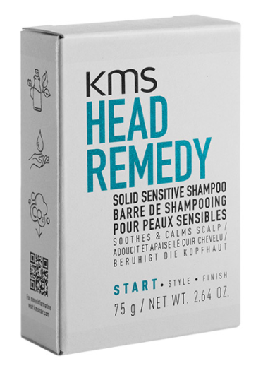 Weiße Box mit KMS Head Remedy Shampoo für empfindliche Kopfhaut, 75 g, mit blauer und schwarzer Text- und Icon-Darstellung.