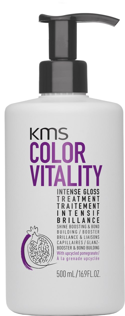 Eine weiße Flasche mit schwarzem Pumphahn, beschriftet 'KMS Color Vitality Intense Gloss Treatment'. Es zeigt eine lila Granatapfel-Illustration.