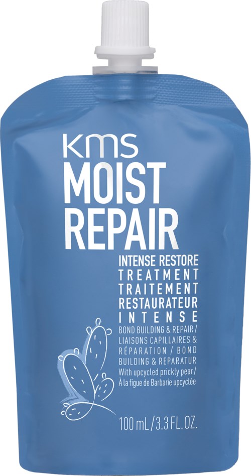 Blue refill pouch for hair treatment with white text and a butterfly illustration.