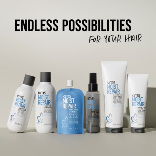 A line of hair care products, including shampoos, conditioners, and treatments, with the phrase 'Endless possibilities for your hair' above.