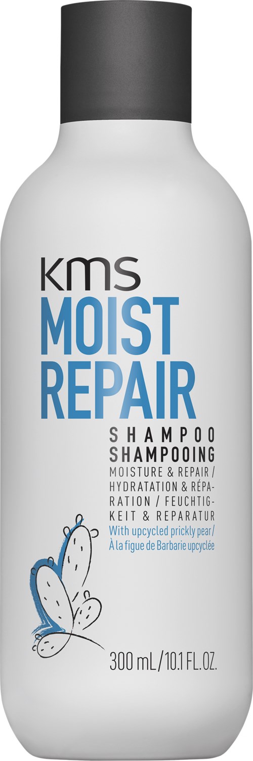 Shampoo bottle labeled KMS Moist Repair with butterfly illustration and information about moisture and repair.