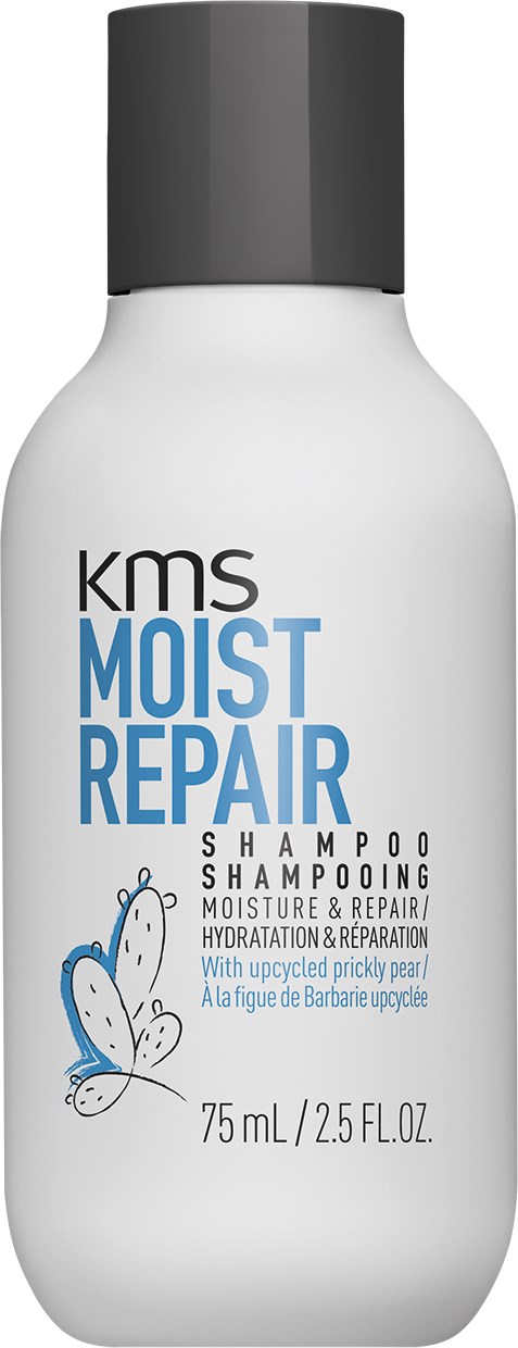 A small white bottle of KMS Moist Repair Shampoo with a gray cap and a butterfly illustration on the label.