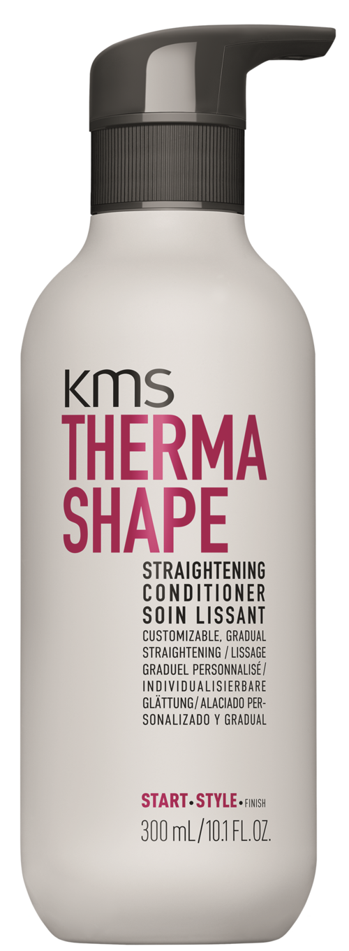 Eine weiße Flasche mit schwarzem Pumphahn, beschriftet KMS Therma Shape Conditioner für glattes Haar.