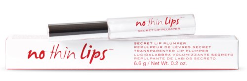 Läppglansrör märkt 'no thin lips' och 'secret lip plumper' i röd och svart text.