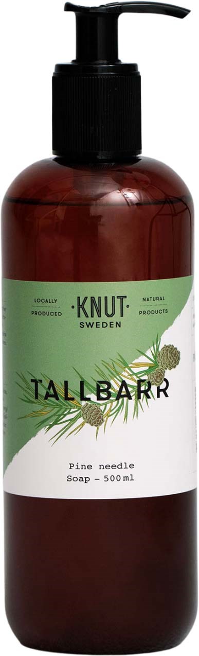 Brązowa butelka z czarnym dozownikiem, oznaczona 'KNUT SWEDEN TALLBARR Mydło z igliwia 500ml.'