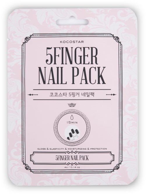 Vaaleanpunainen pakkaus, musta teksti; sisältää 5 sormen kynsitarroja nimeltä 'Kocostar 5 Finger Nail Pack'.