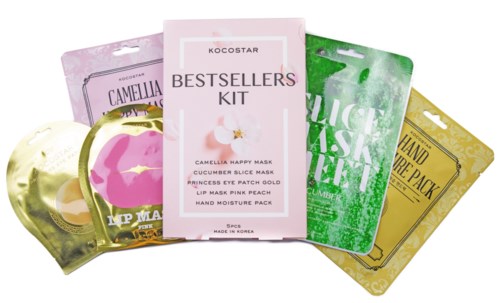 Set med ansikts- och skönhetsmasker i färgglad förpackning, inklusive gurka, citron och andra fruktinspirerade masker.