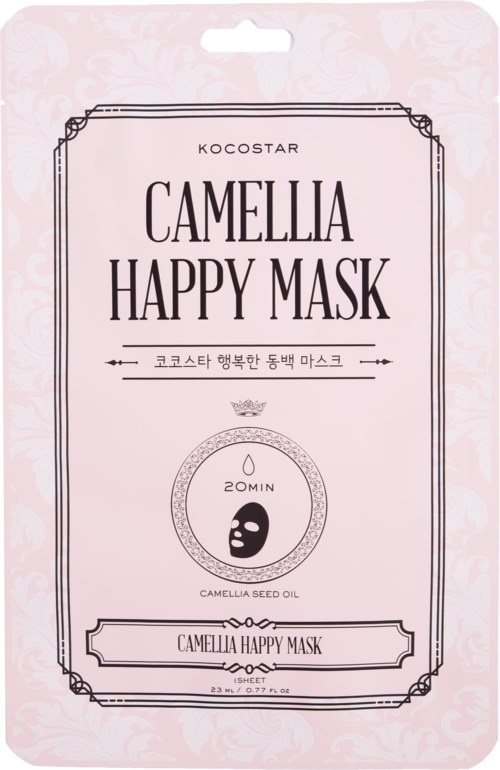 Ett rosa ansiktsmaskpaket med svart text, logotyp och användningsinstruktioner, märkt som Camellia Happy Mask.