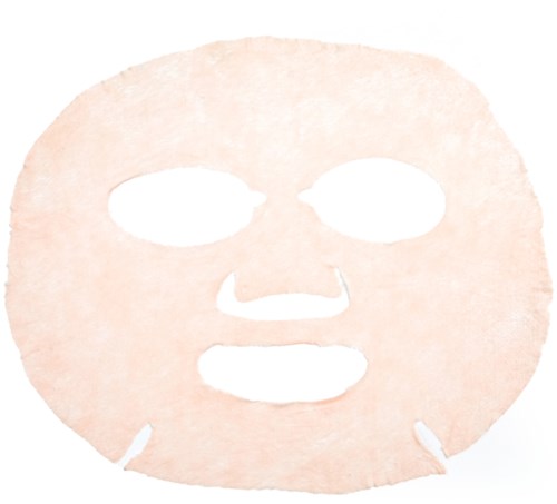 En ljusrosa ansiktsmask med hål för ögonen och munnen, ligger platt och redo att använda.