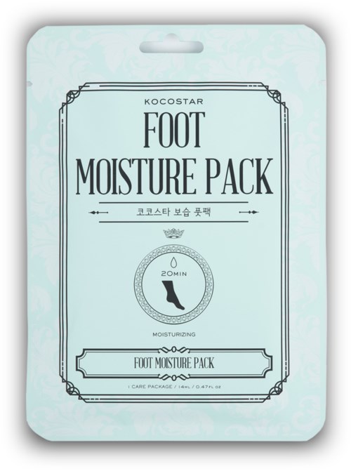 Vaaleansininen pakkaus, jossa lukee 'Foot Moisture Pack', ja ohjeet pitää jalat kosteutettuina 20 minuuttia.