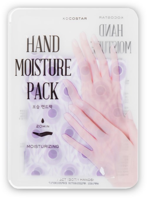 En hand i ett transparent paket märkt 'Hand Moisture Pack' som visar en återfuktande handbehandling.