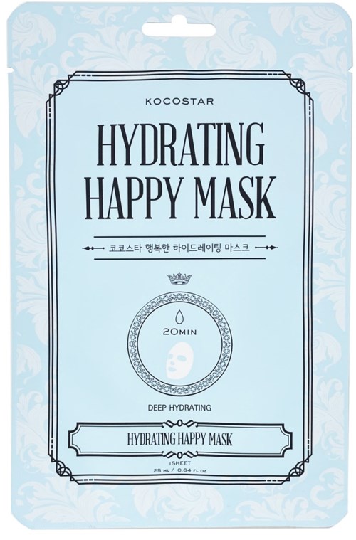 Ett ljusblått förpackning för ansiktsmask med svart och vitt text, som visar att det är en återfuktande mask för djupfuktning.