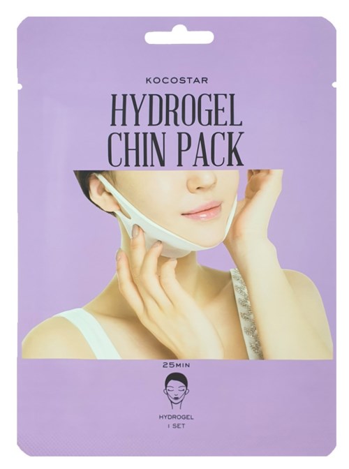En lilla pakke for et hudpleieprodukt, som viser en kvinne som legger en gelmaske på hake, merket hydrogel chin pack.