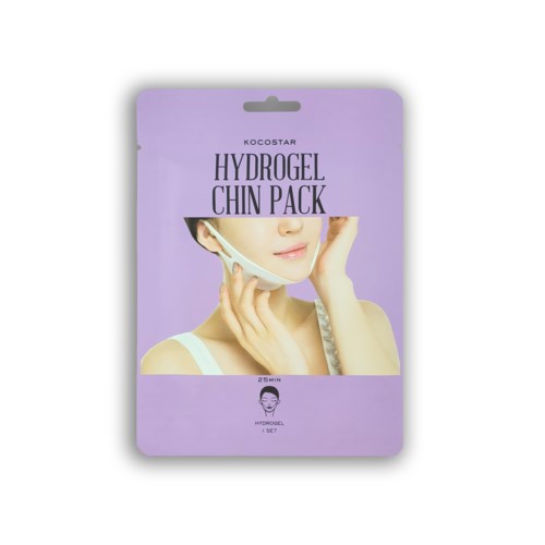 Emballasje for et ansiktspleieprodukt kalt Hydrogel Chin Pack med et bilde av en kvinne som påfører den på haken.